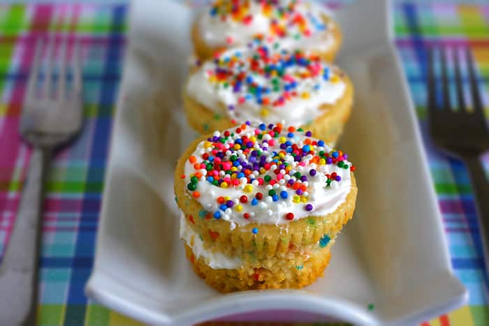 Eggless Layered Confetti Cupcakes