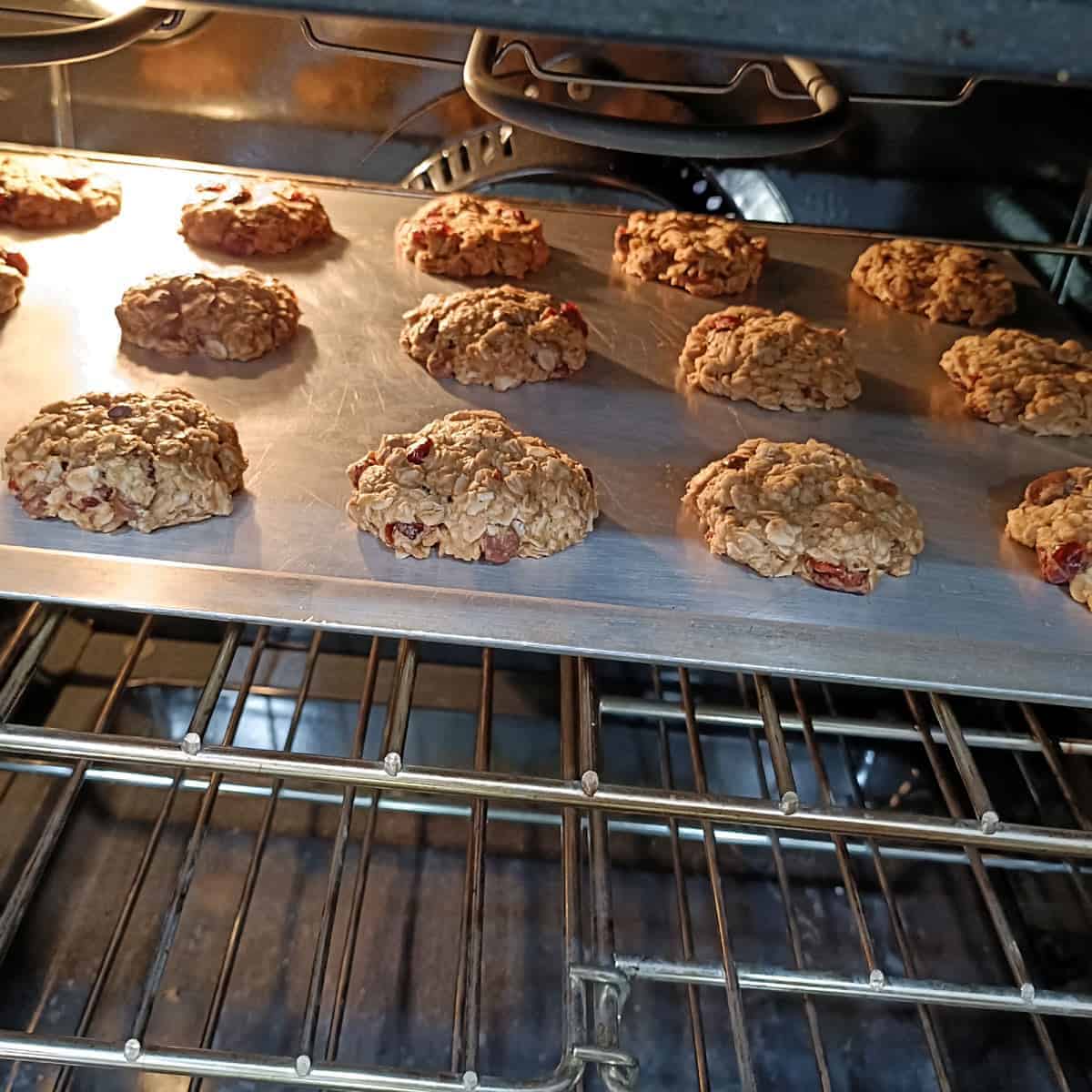 Bake the cookies: Scoop and place the oatmeal raisin cookie dough on a baking sheet and bake in a preheated oven until the cookies are set around the edges and lightly golden.