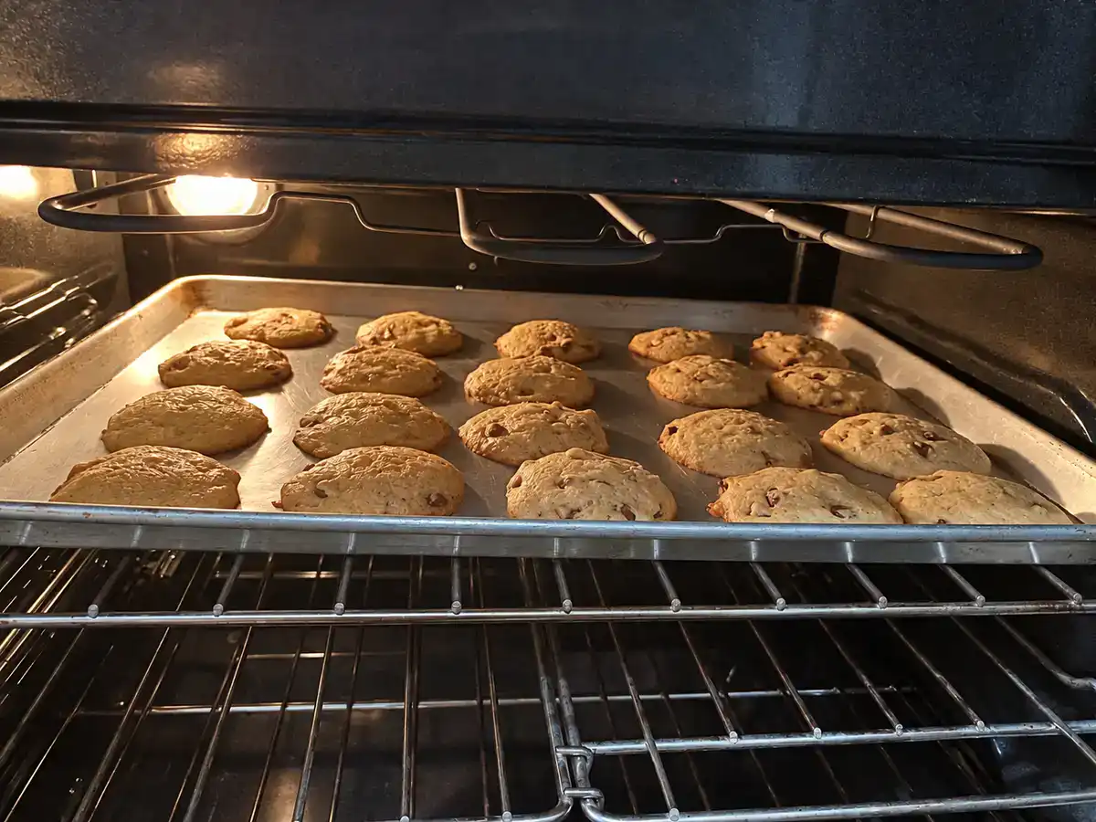 Freshly baked eggless chocolate chip cookies with lightly golden edges on the baking sheet