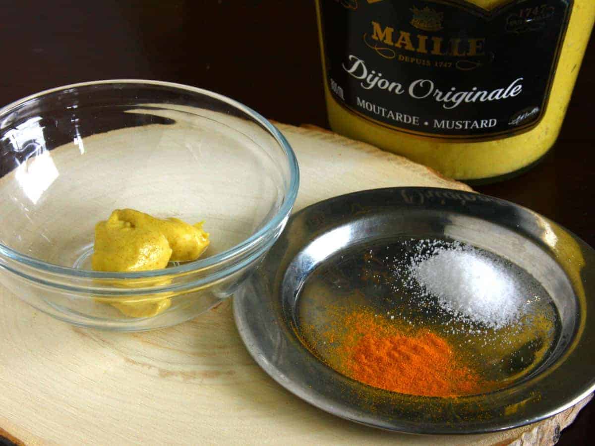 Dijon mustard, salt, and sugar ingredients used in eggless mayonnaise recipe
