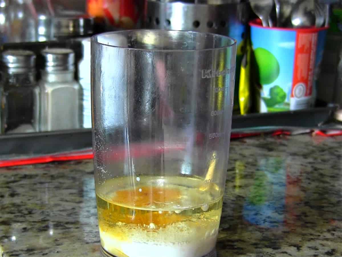 All ingredients added to a tall jar before blending eggless mayonnaise