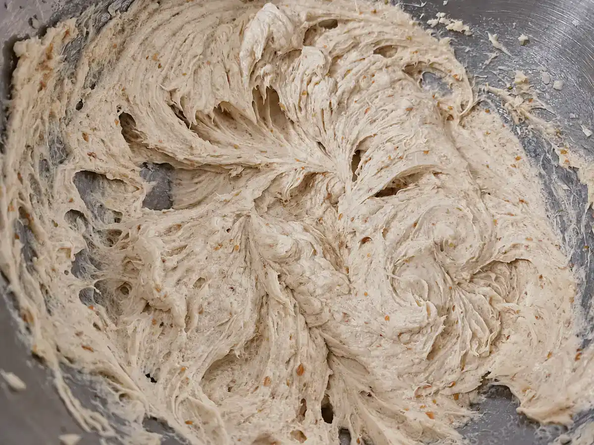 Butter, sugars, flax egg, and vanilla beaten together until well combined