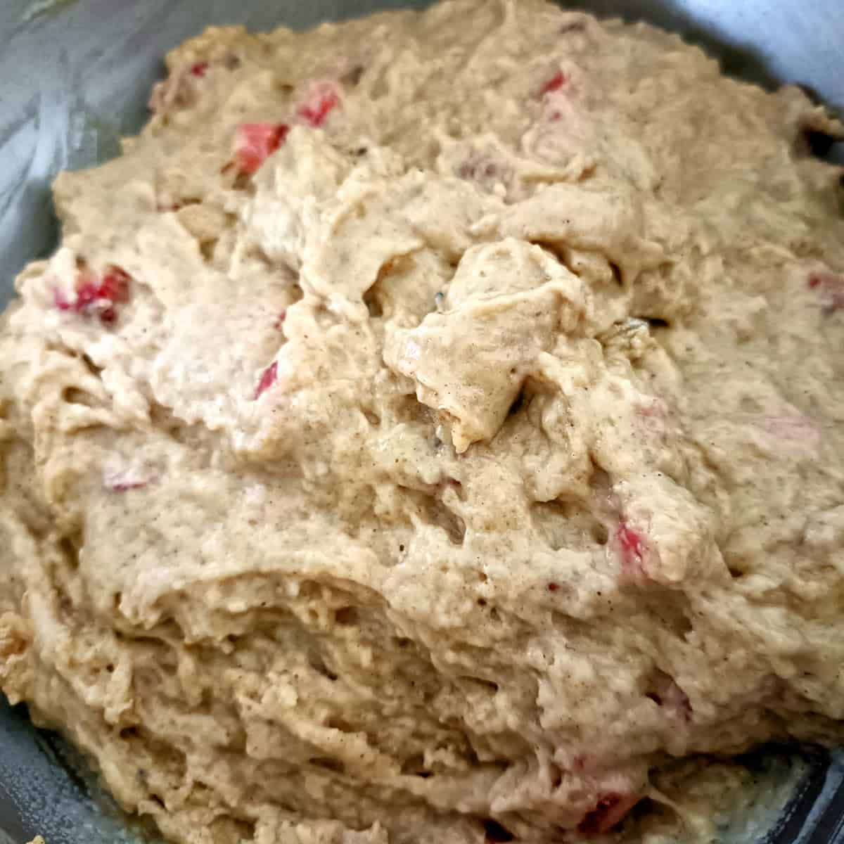 Thick strawberry banana muffin batter ready for baking