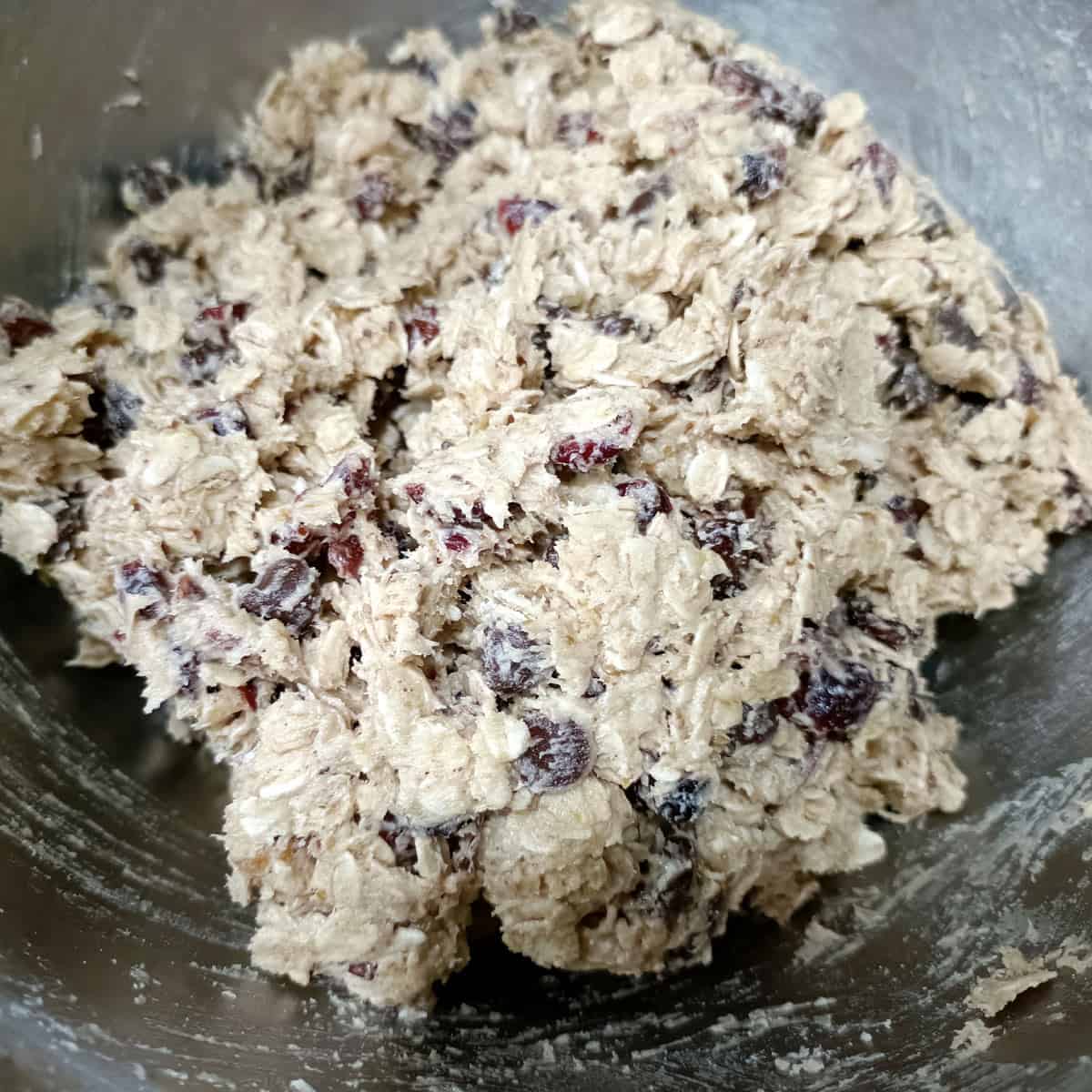 Cookie dough ready: The finished oatmeal raisin cookie dough looks thick, chunky, and well mixed.