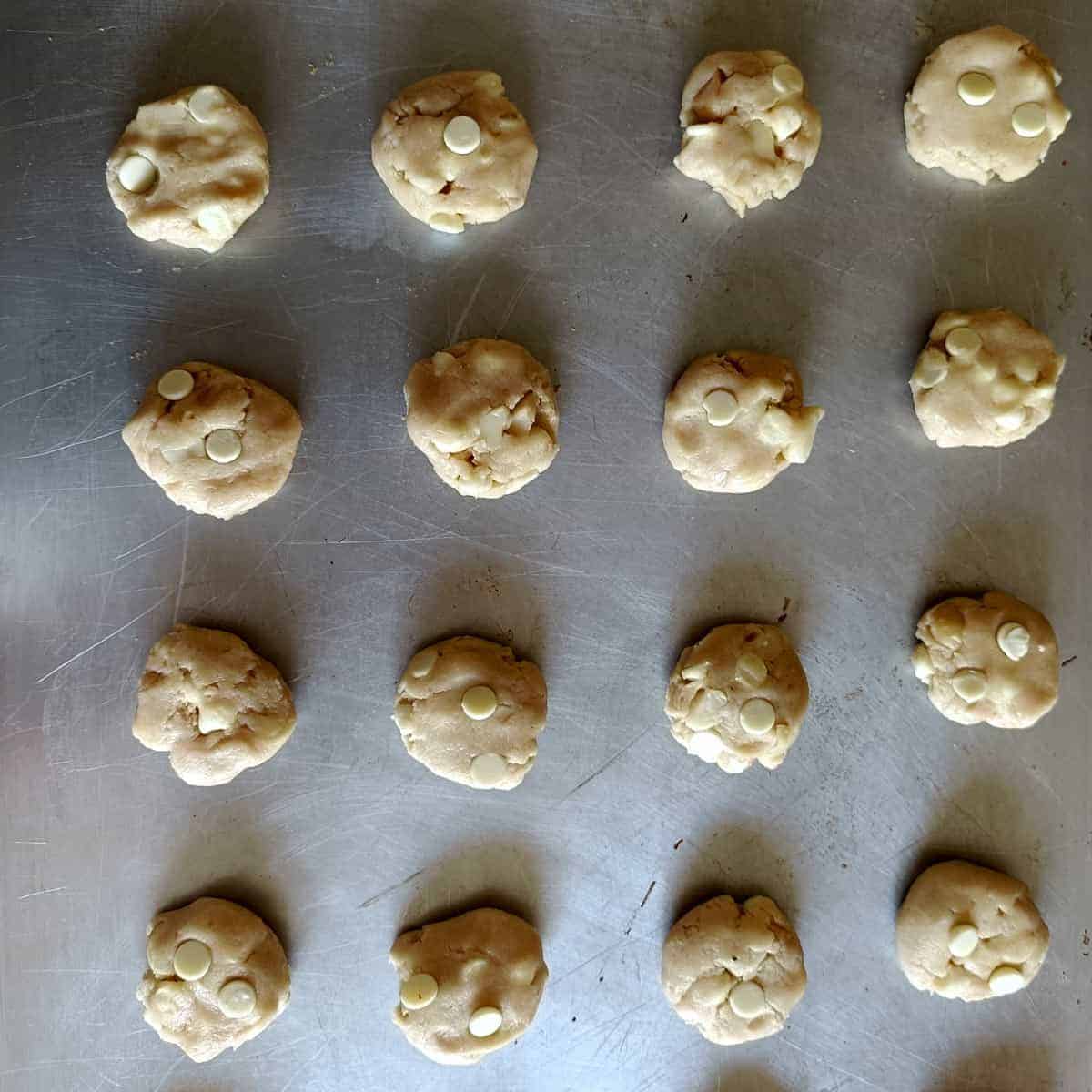Even portions of dough are scooped and arranged neatly on a baking tray, ready for baking.