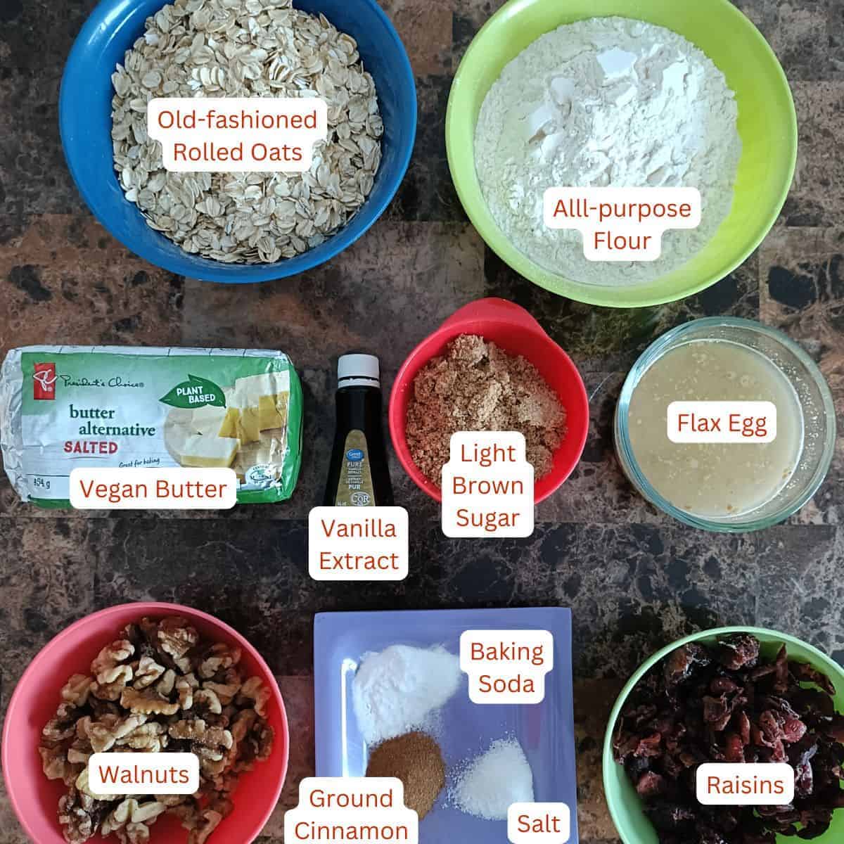 An overhead, neatly labeled layout shows the ingredients for vegan oatmeal raisin cookies, including rolled oats, all-purpose flour, vegan butter, brown sugar, flax egg, vanilla extract, baking soda, salt, cinnamon, walnuts, and raisins arranged in colorful bowls.