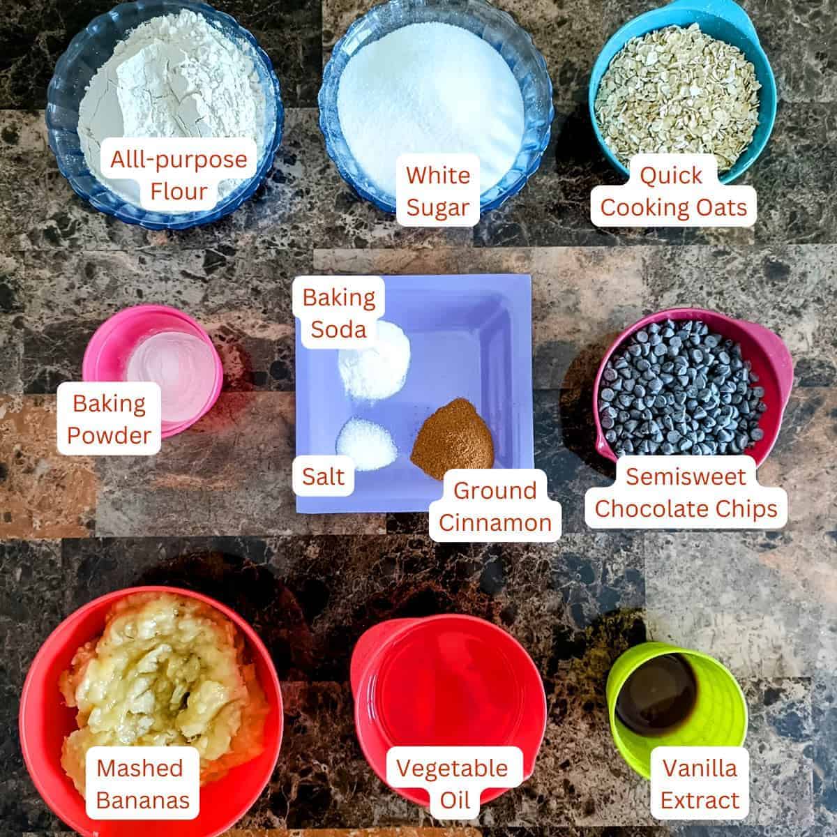 Ingredients for eggless banana chocolate chip muffins including all-purpose flour, white sugar, quick oats, baking powder, baking soda, salt, cinnamon, mashed bananas, vegetable oil, vanilla extract, and semisweet chocolate chips arranged in bowls.