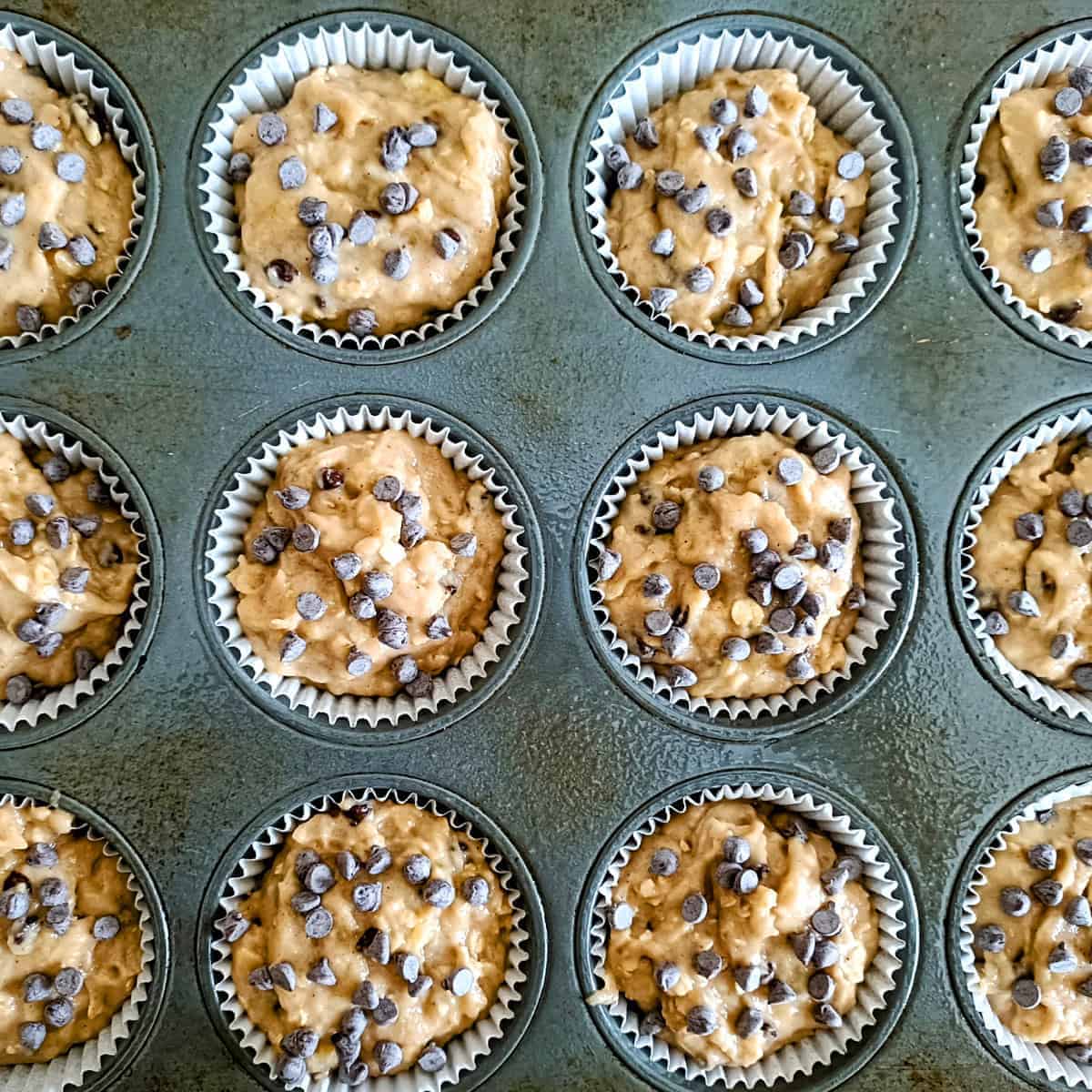 Adding extra chocolate chips on top of muffin batter before baking